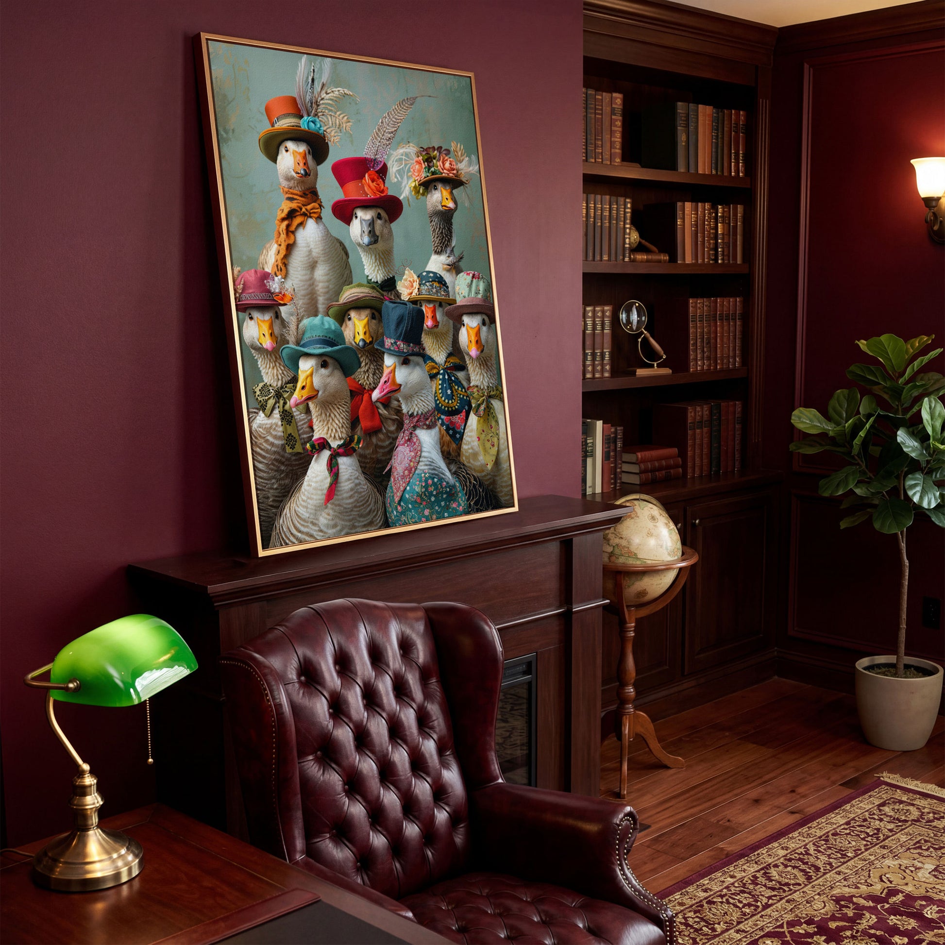 Geese in Hats Canvas Wall Art in antique gold floating frame