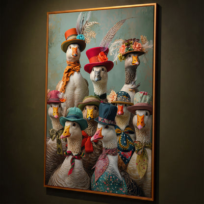 Geese in Hats Canvas Wall Art shown in antique gold floating frame