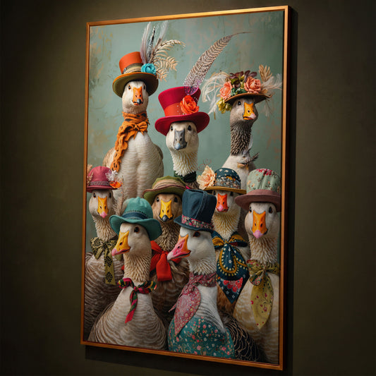 Geese in Hats Canvas Wall Art shown in antique gold floating frame