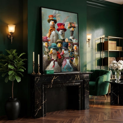 Geese in Hats Canvas Wall Art in black floating frame