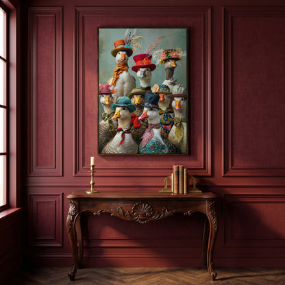Geese in Hats Canvas Wall Art in dark walnut floating frame