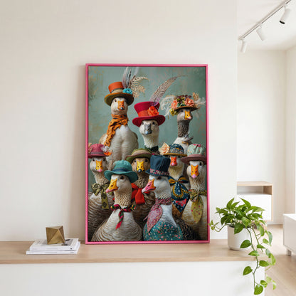Geese in Hats Canvas Wall Art in pink floating frame