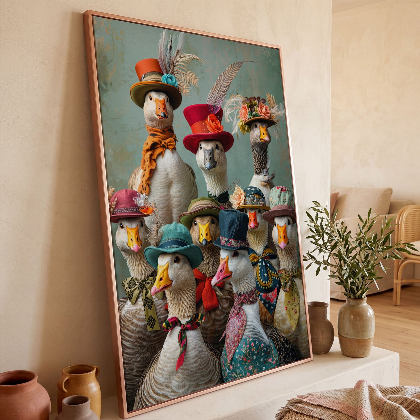 Geese in Hats Canvas Wall Art in rose gold floating frame