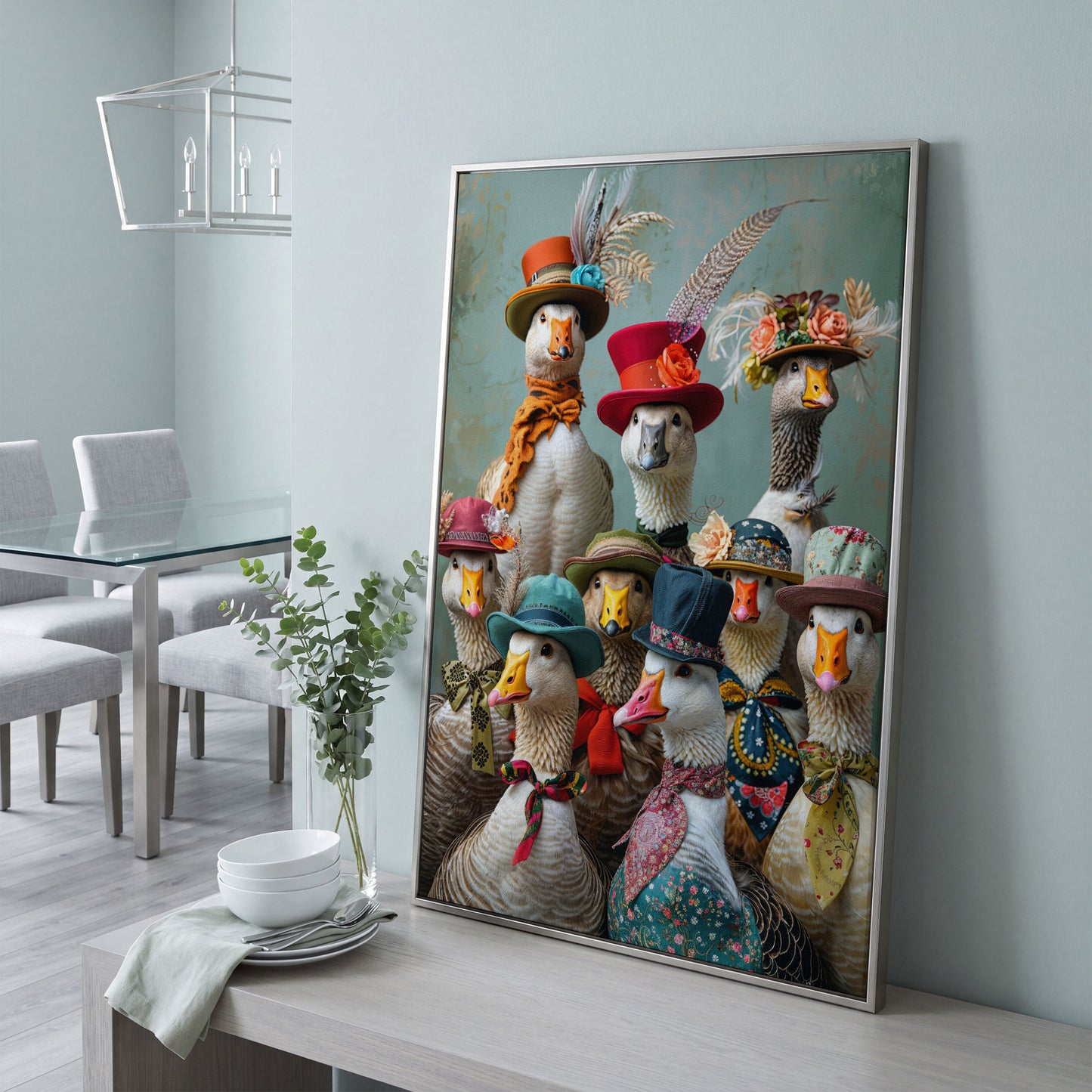 Geese in Hats Canvas Wall Art in silver floating frame