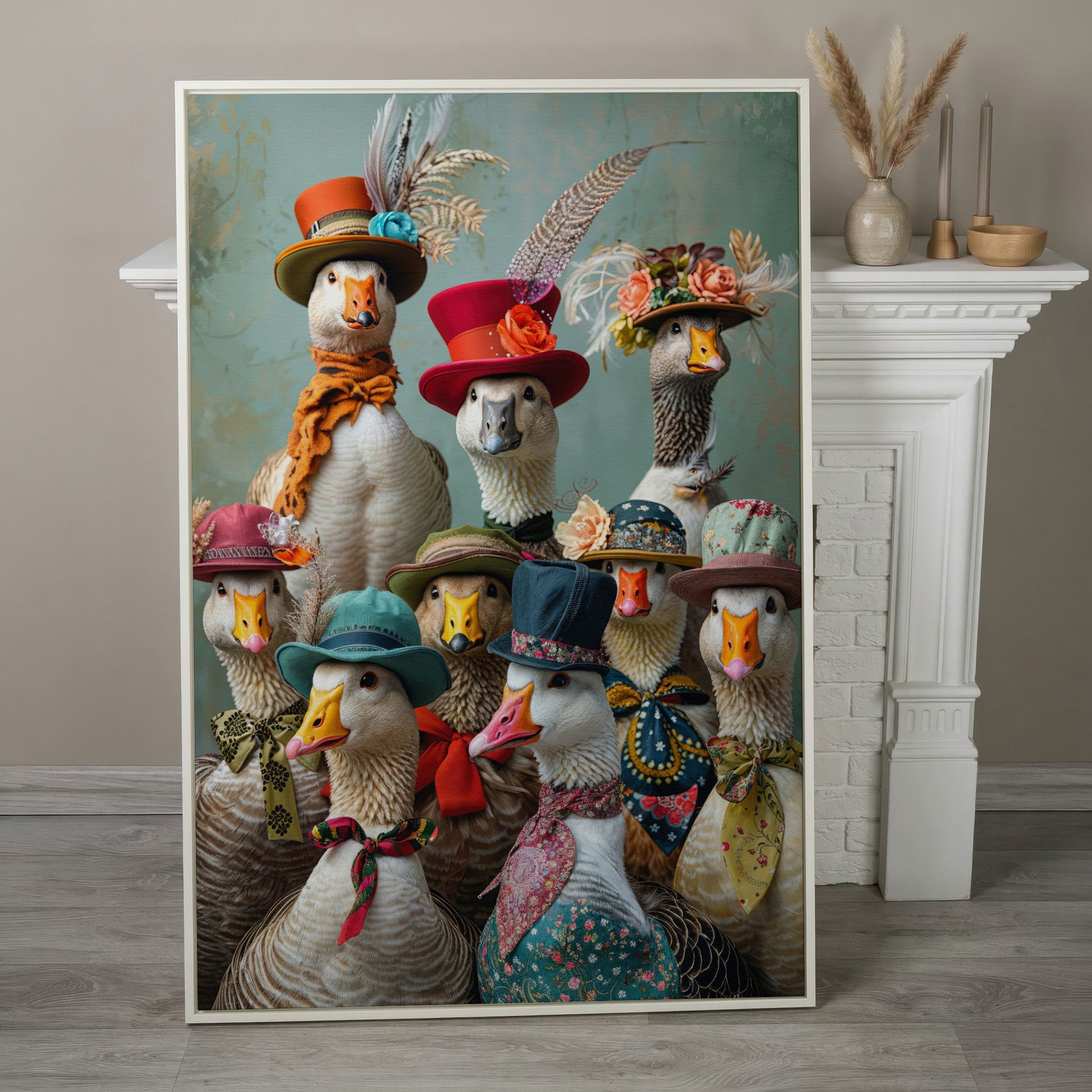 Geese in Hats Canvas Wall Art in white floating frame