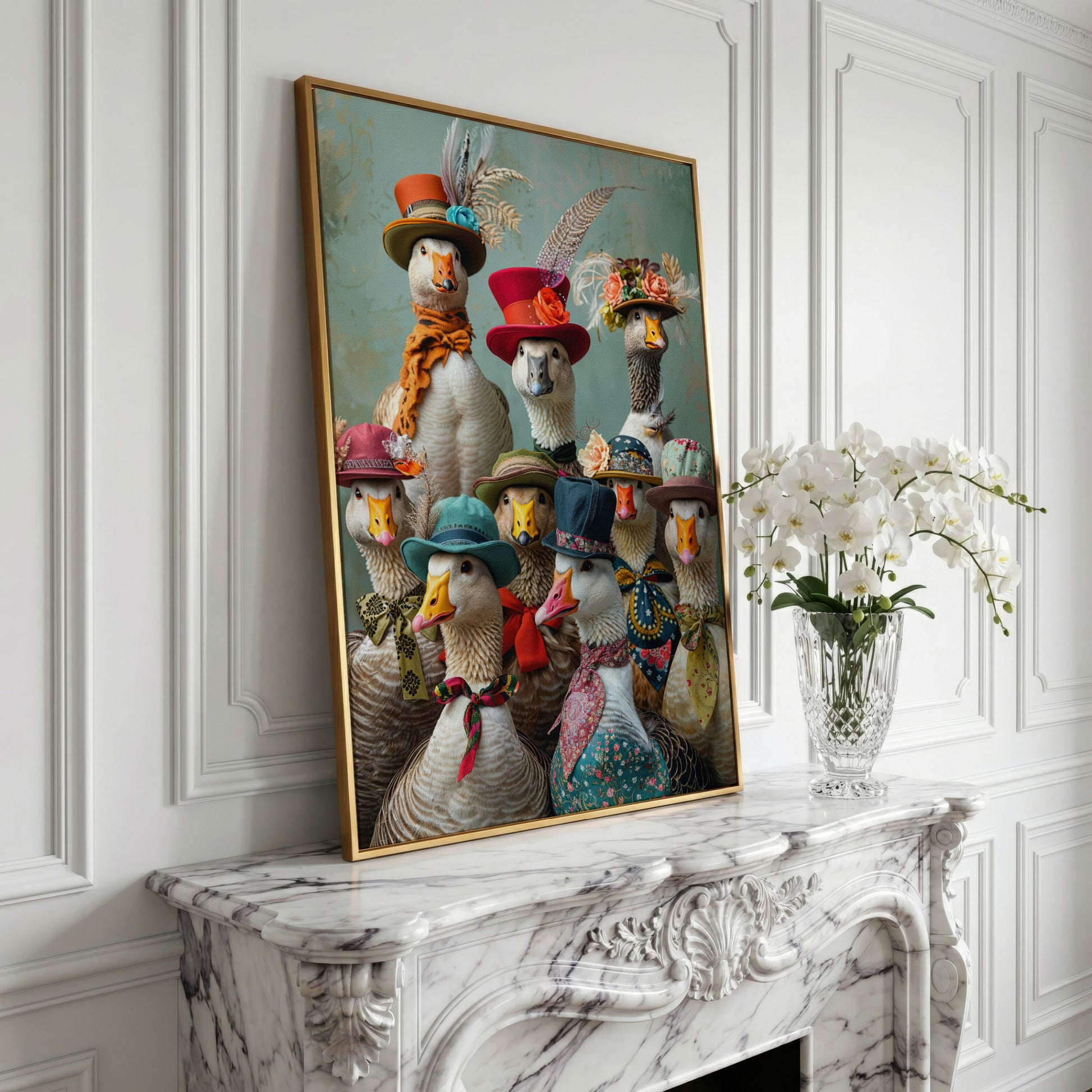 Geese in Hats Canvas Wall Art in yellow gold floating frame