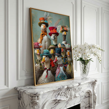 Geese in Hats Canvas Wall Art in yellow gold floating frame