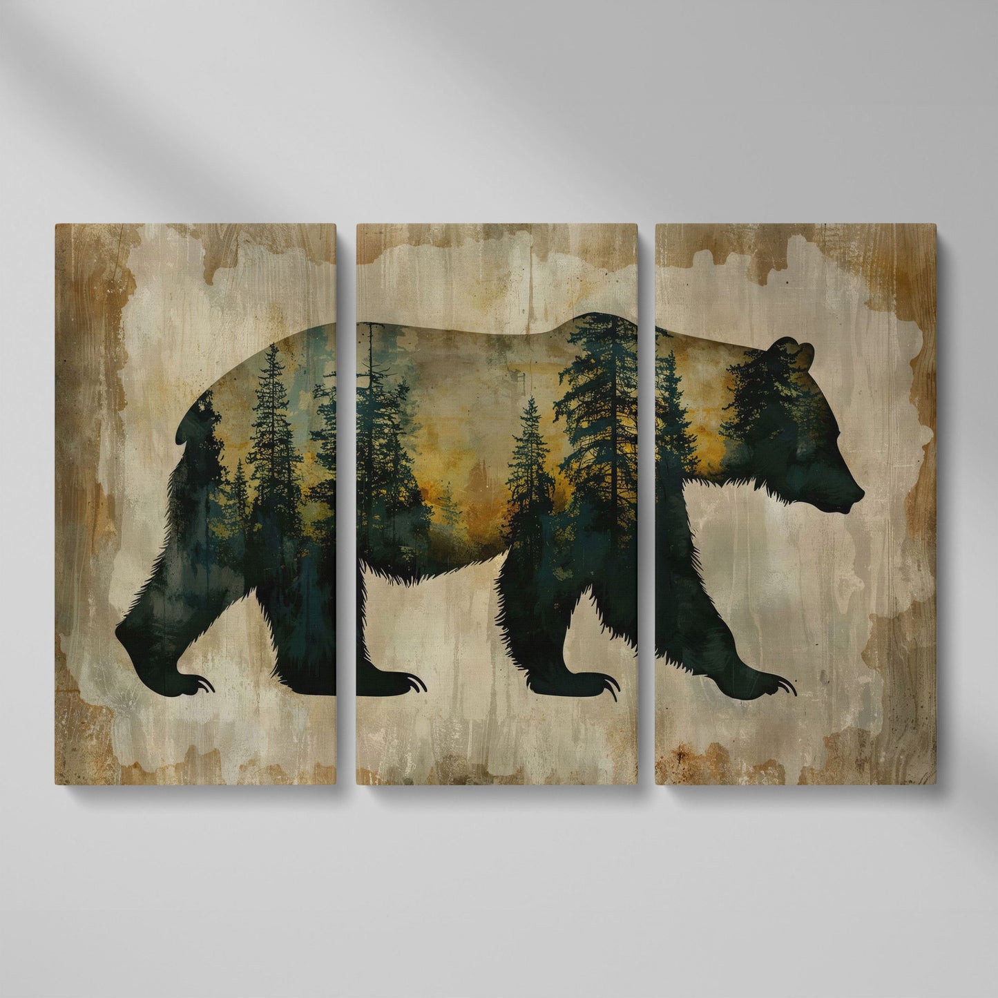 Bear Silhouette Forest Canvas with Double Exposure Design as 3-panel split version