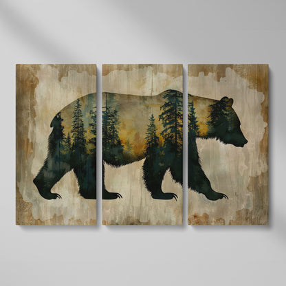 Bear Silhouette Forest Canvas with Double Exposure Design as 3-panel split version