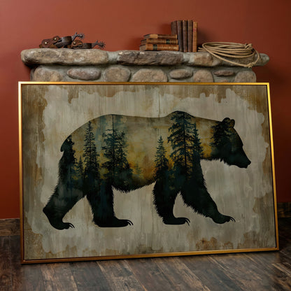 Bear Silhouette Forest Canvas with Double Exposure Design in antique gold floating frame