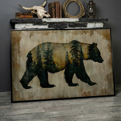 Bear Silhouette Forest Canvas with Double Exposure Design in black floating frame