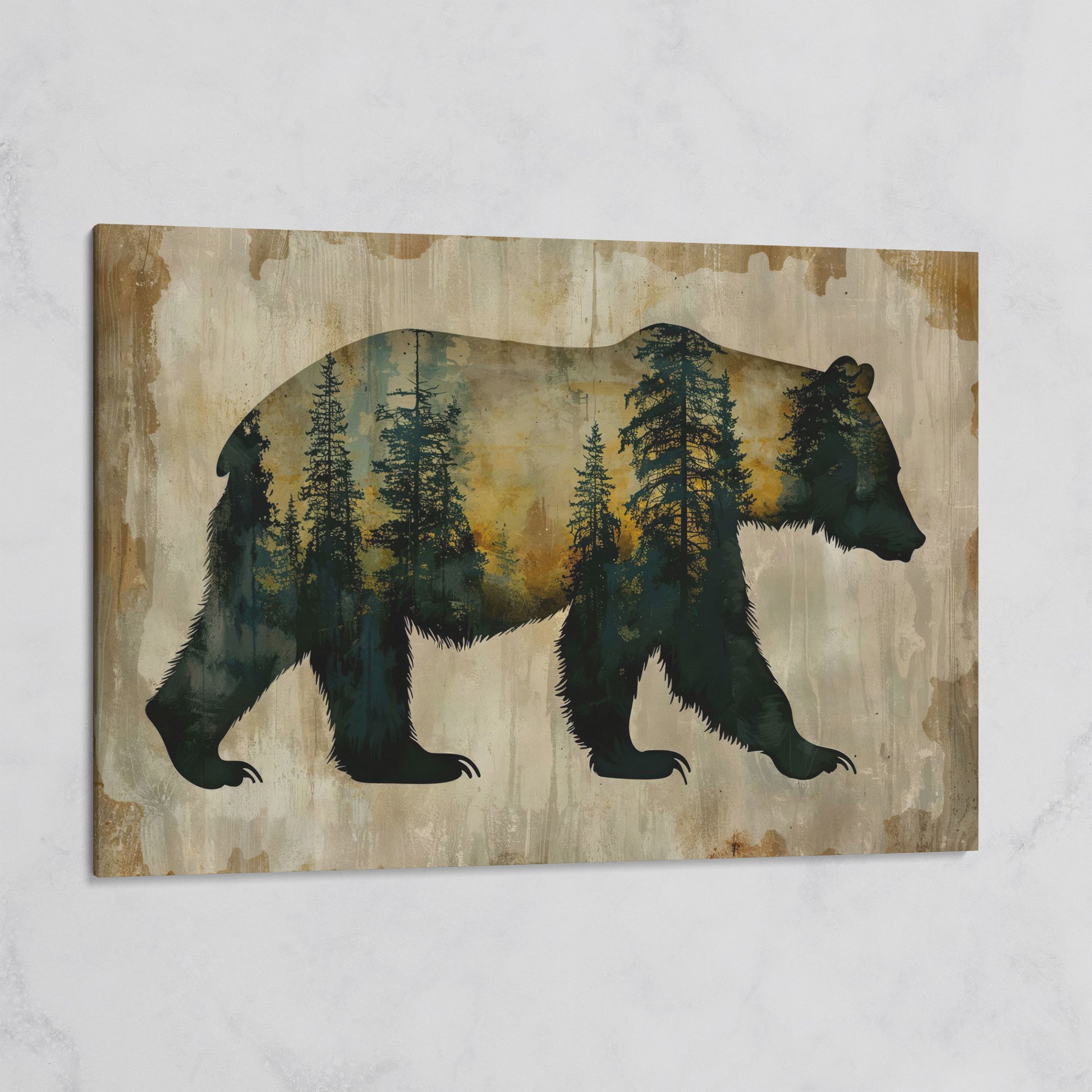 Bear Silhouette Forest Canvas with Double Exposure Design on gallery wrap
