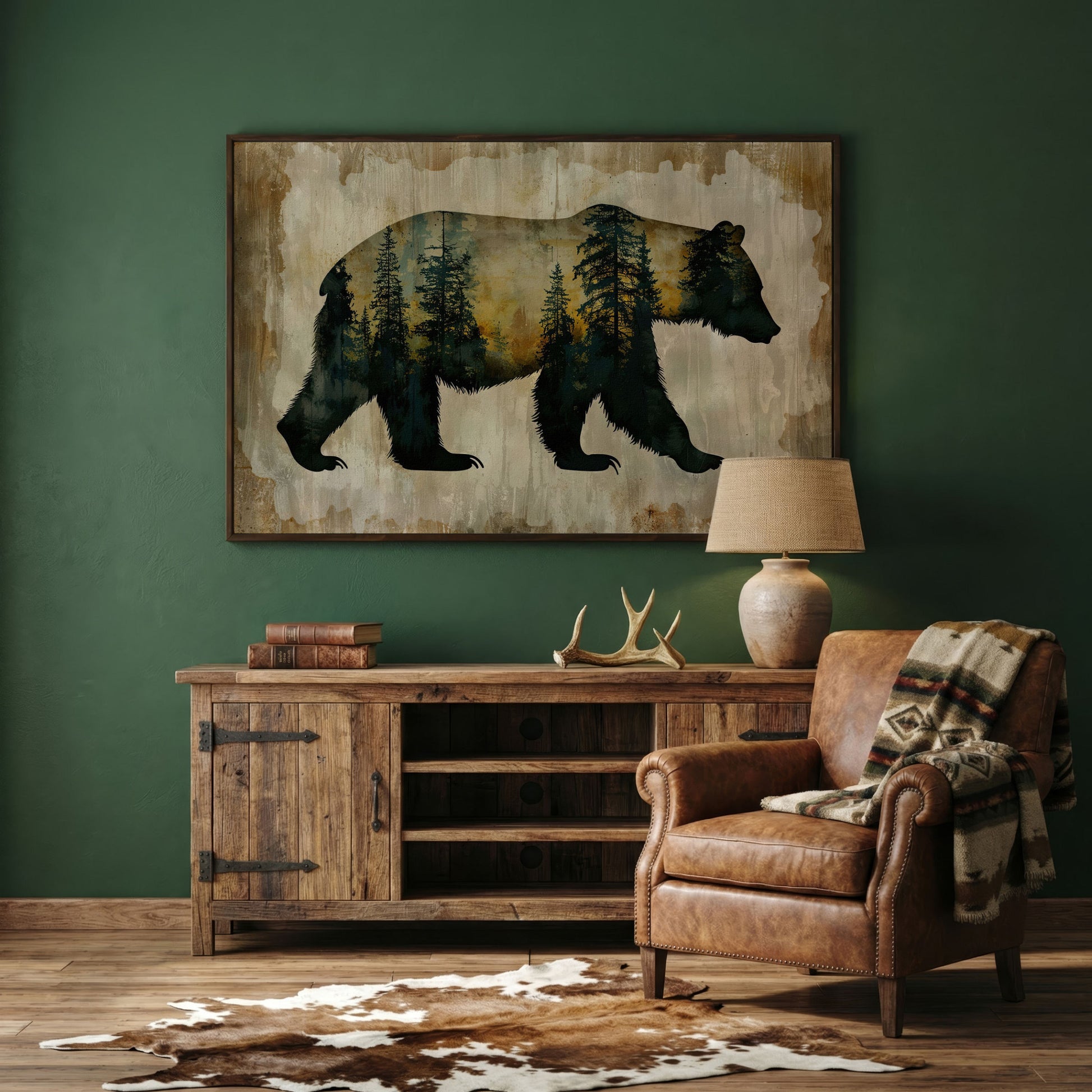 Bear Silhouette Forest Canvas with Double Exposure Design in dark walnut floating frame