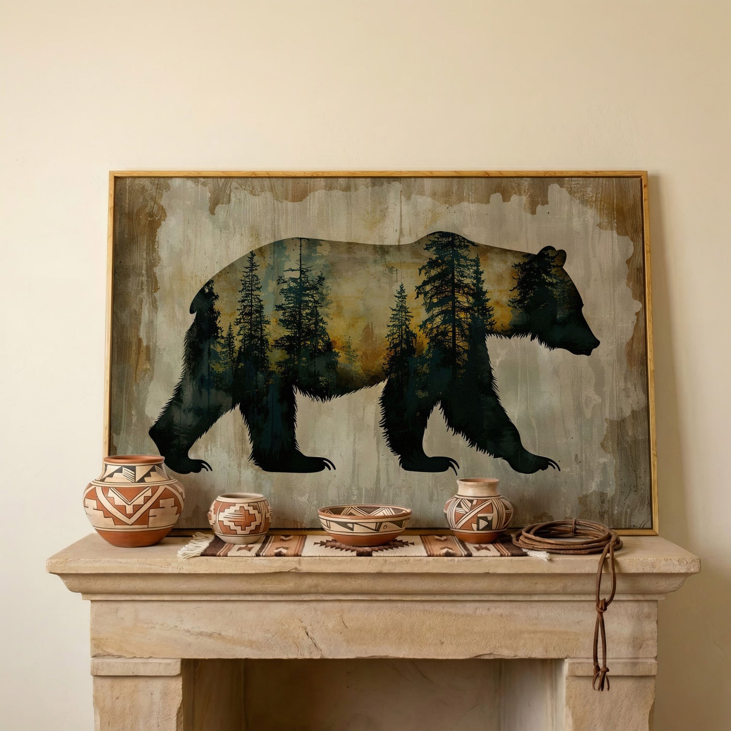 Bear Silhouette Forest Canvas with Double Exposure Design in white oak floating frame