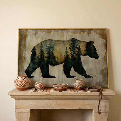Bear Silhouette Forest Canvas with Double Exposure Design in white oak floating frame