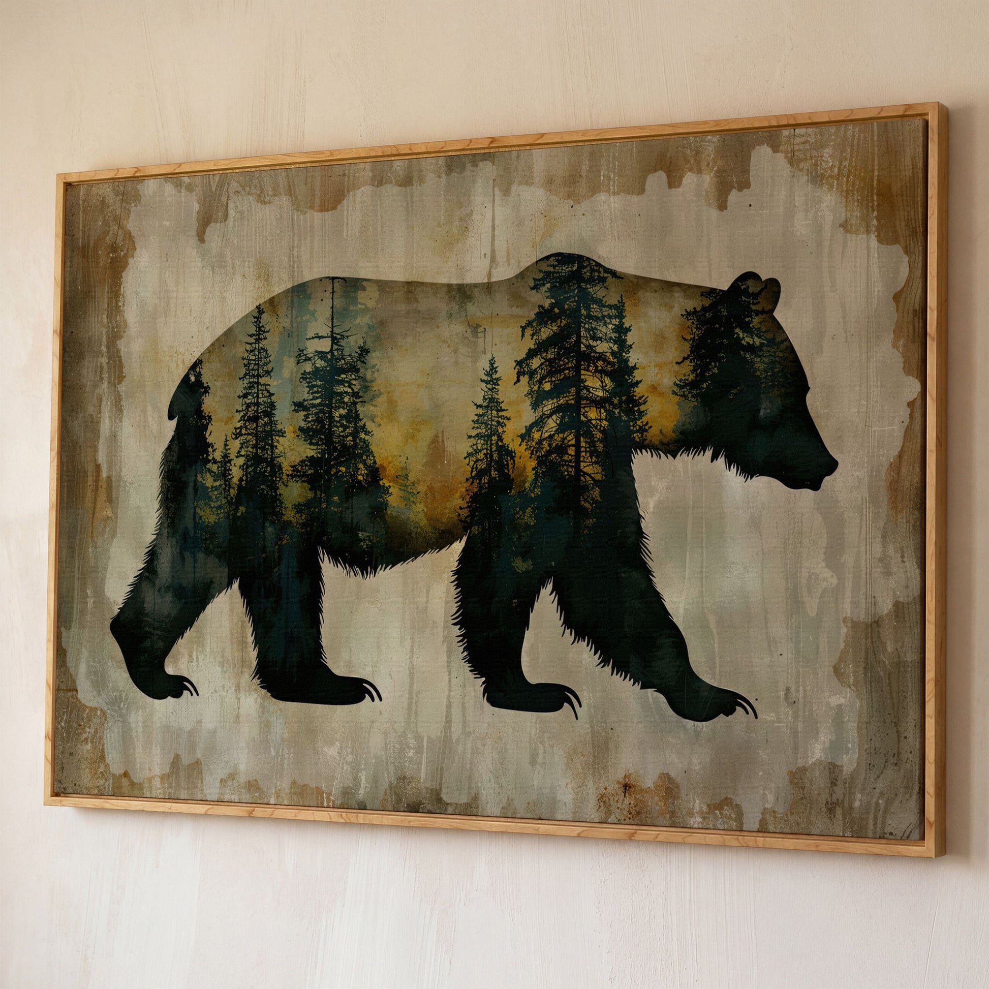 Bear Silhouette Forest Canvas with Double Exposure Design shown in white oak floating frame