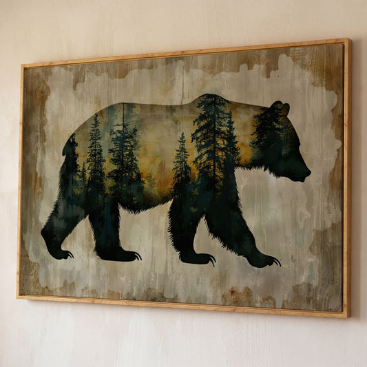 Bear Silhouette Forest Canvas with Double Exposure Design shown in white oak floating frame