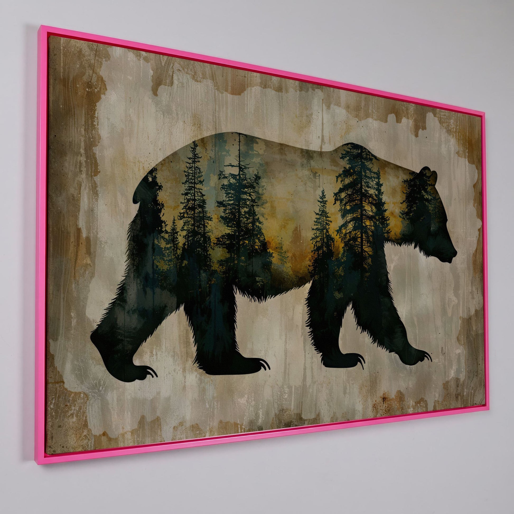 Bear Silhouette Forest Canvas with Double Exposure Design in pink floating frame