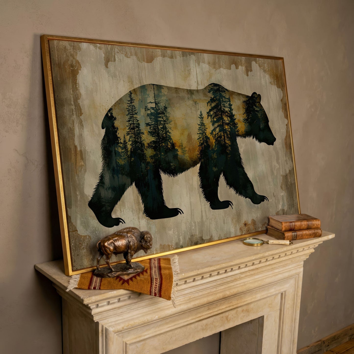 Bear Silhouette Forest Canvas with Double Exposure Design in rose gold floating frame