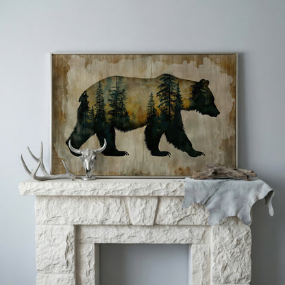 Bear Silhouette Forest Canvas with Double Exposure Design in silver floating frame