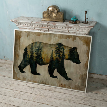 Bear Silhouette Forest Canvas with Double Exposure Design in white floating frame