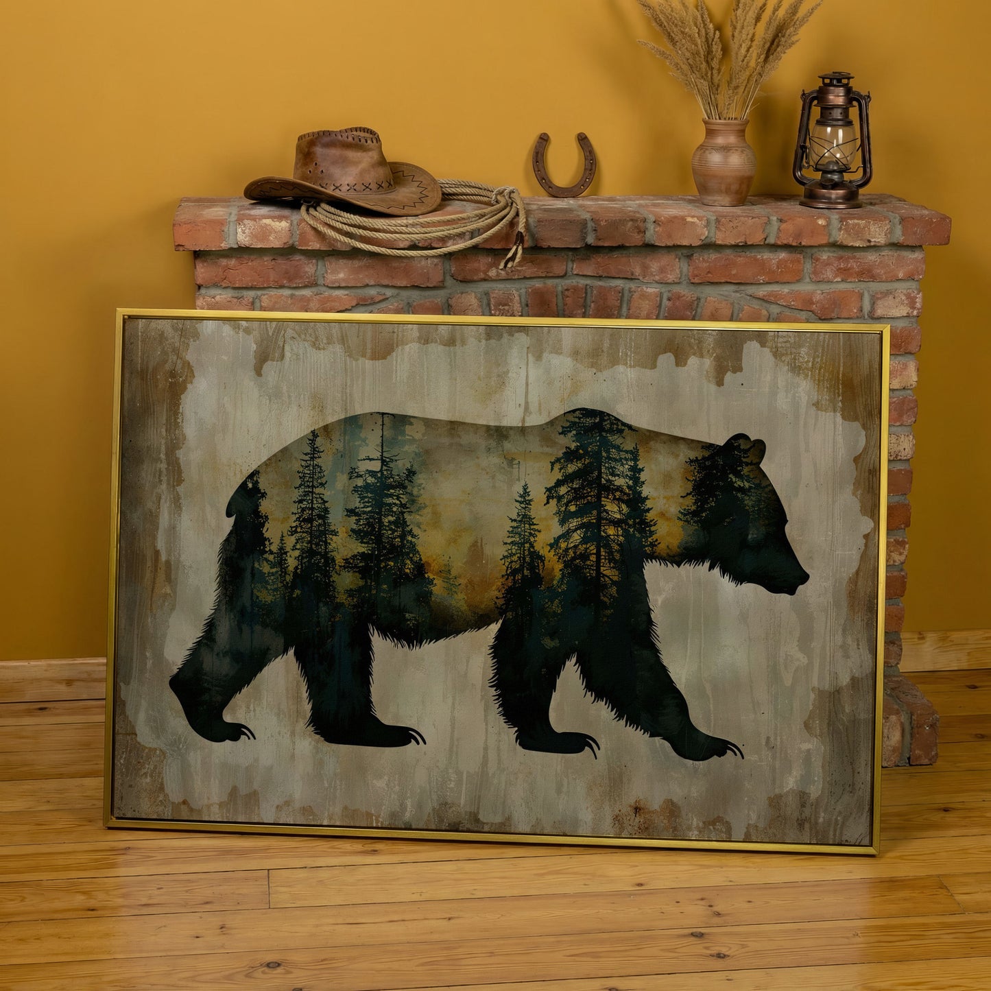 Bear Silhouette Forest Canvas with Double Exposure Design in yellow gold floating frame