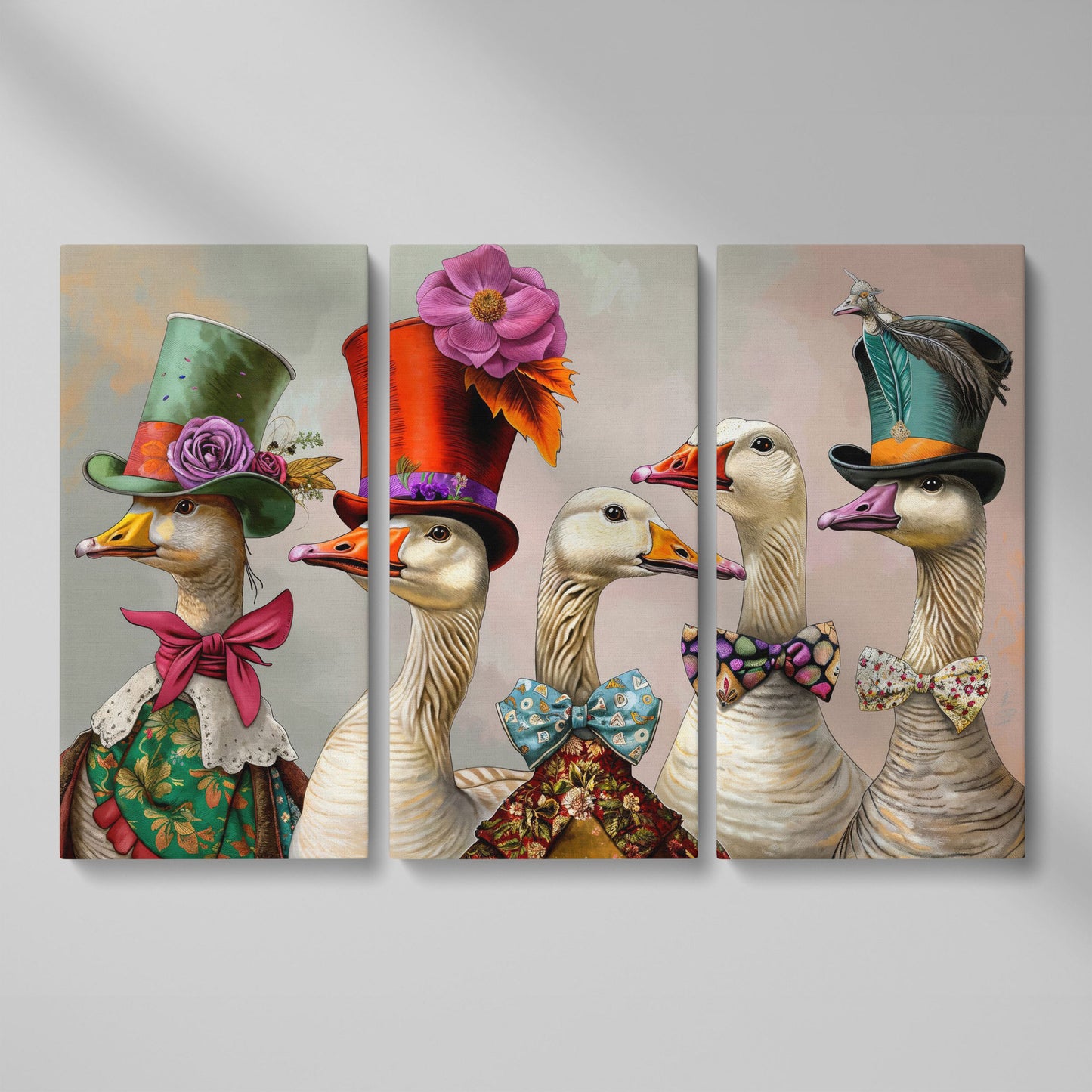 Victorian Geese Canvas Wall Art with Bowties and Hats as 3-panel split version