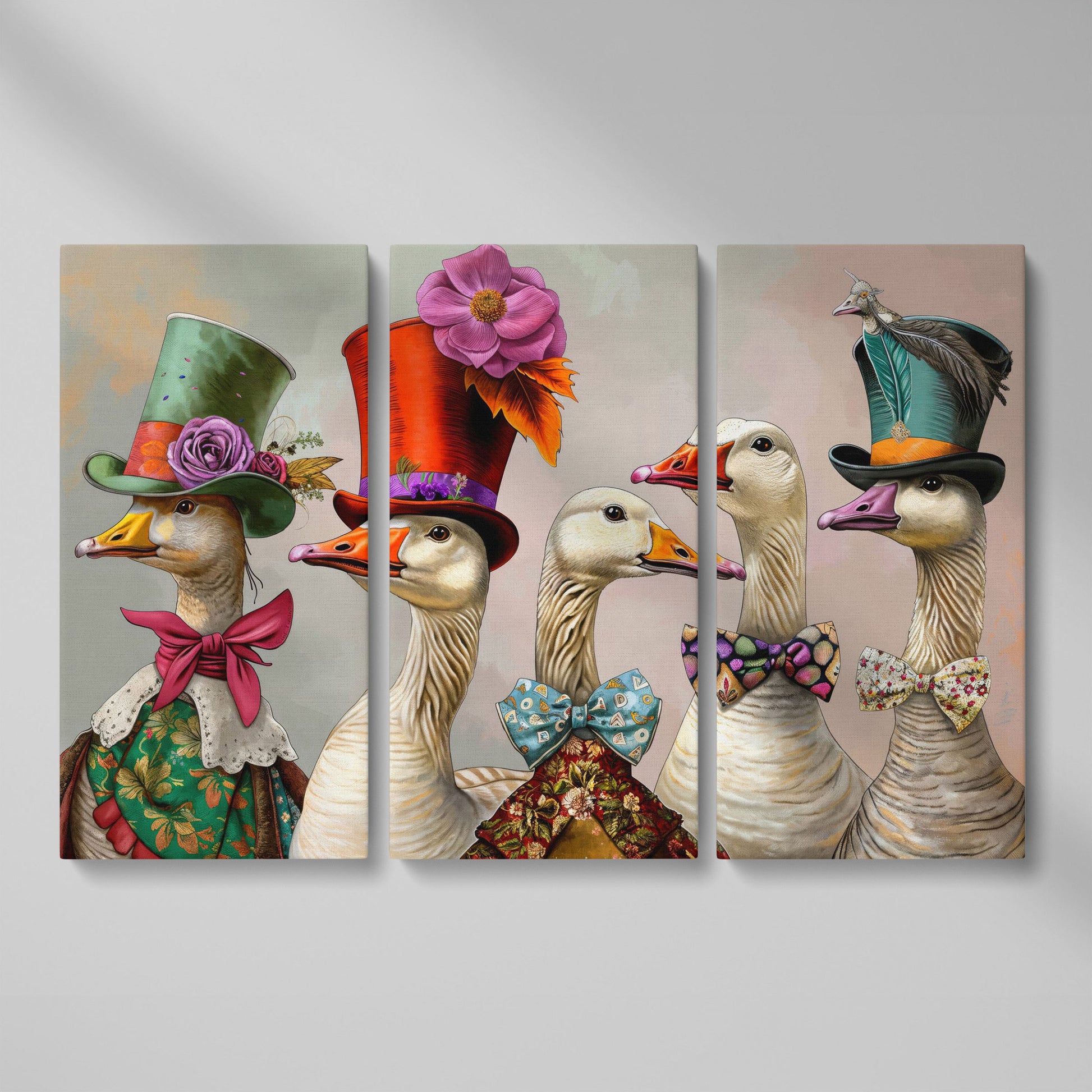 Victorian Geese Canvas Wall Art with Bowties and Hats as 3-panel split version