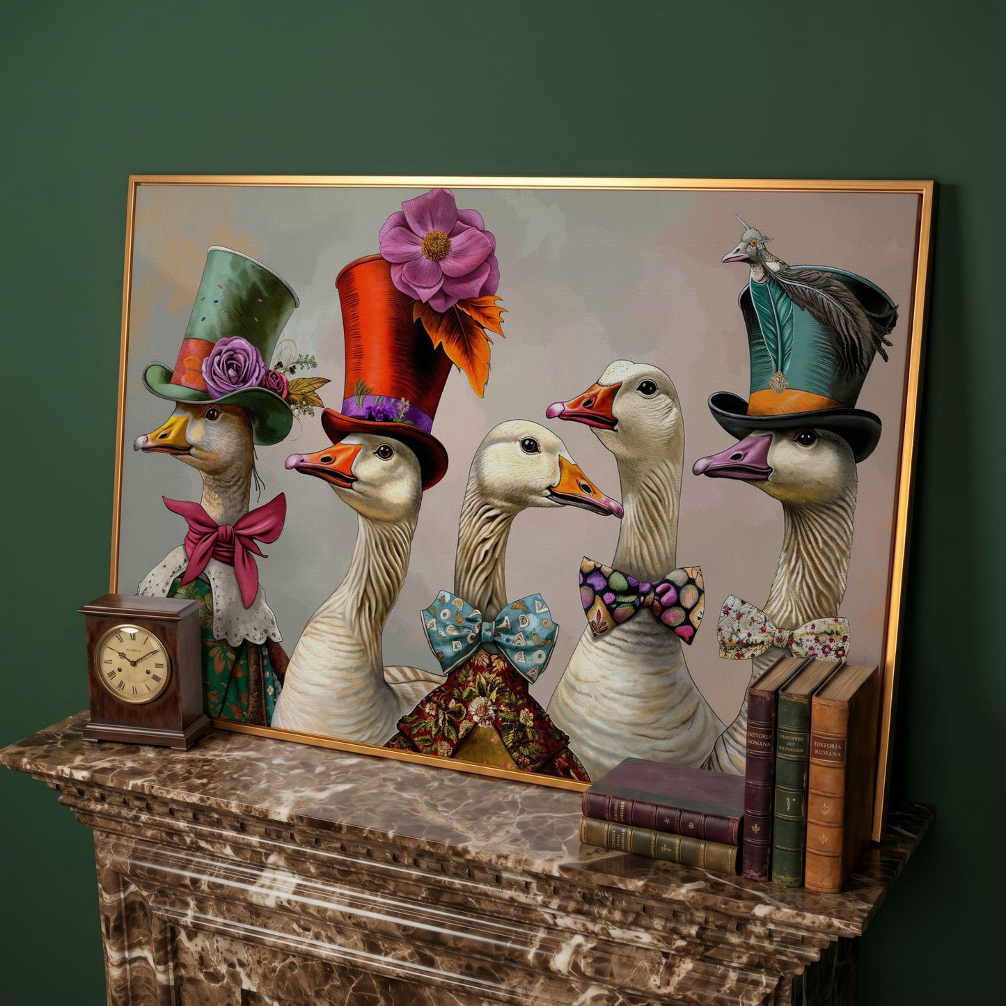 Victorian Geese Canvas Wall Art with Bowties and Hats in antique gold floating frame