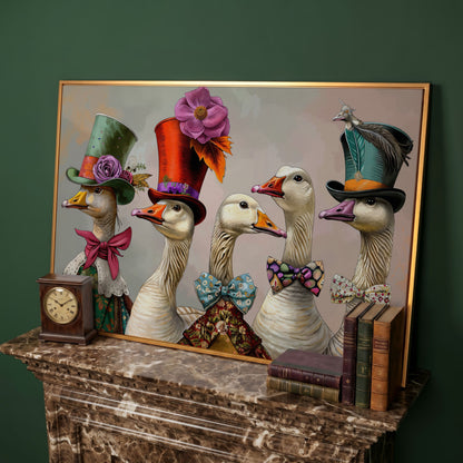 Victorian Geese Canvas Wall Art with Bowties and Hats in antique gold floating frame