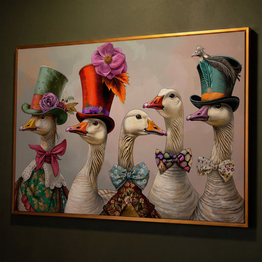 Victorian Geese Canvas Wall Art with Bowties and Hats shown in antique gold floating frame
