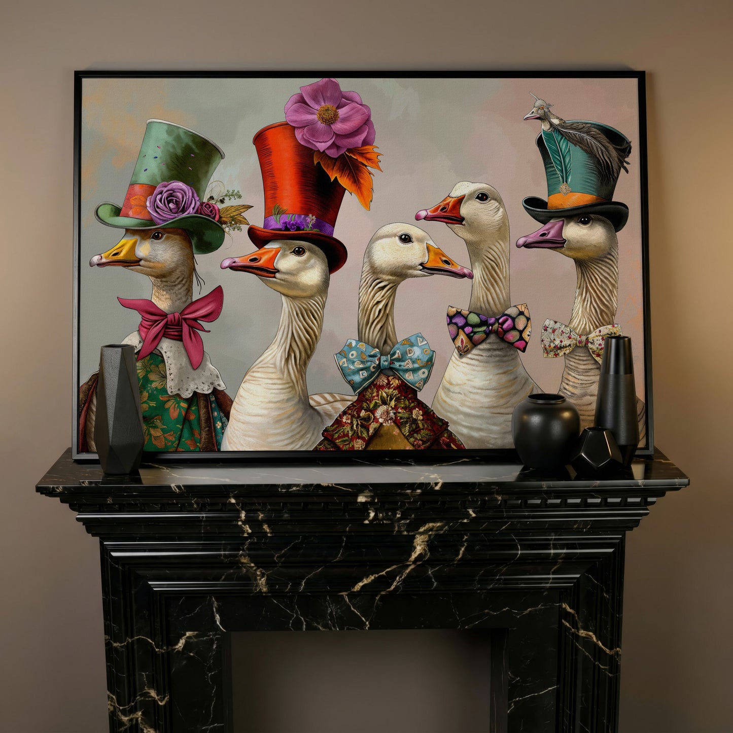 Victorian Geese Canvas Wall Art with Bowties and Hats in black floating frame