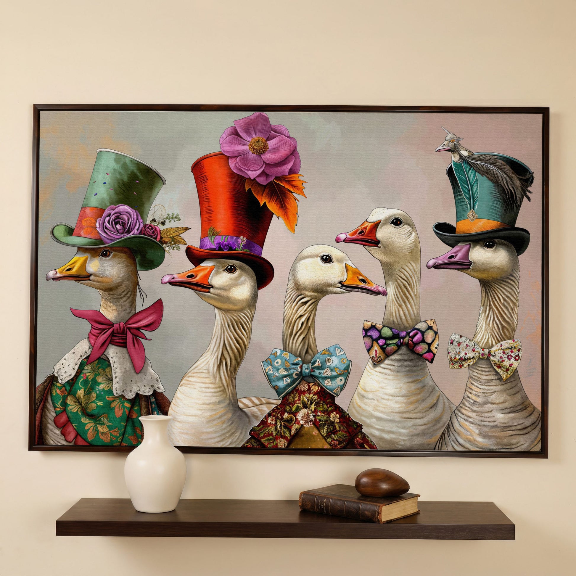 Victorian Geese Canvas Wall Art with Bowties and Hats in dark walnut floating frame