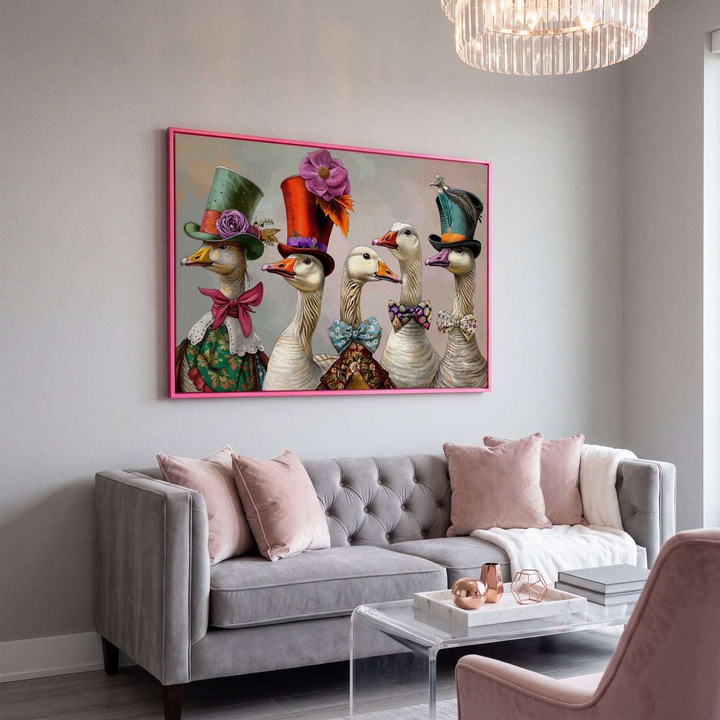 Victorian Geese Canvas Wall Art with Bowties and Hats in pink floating frame