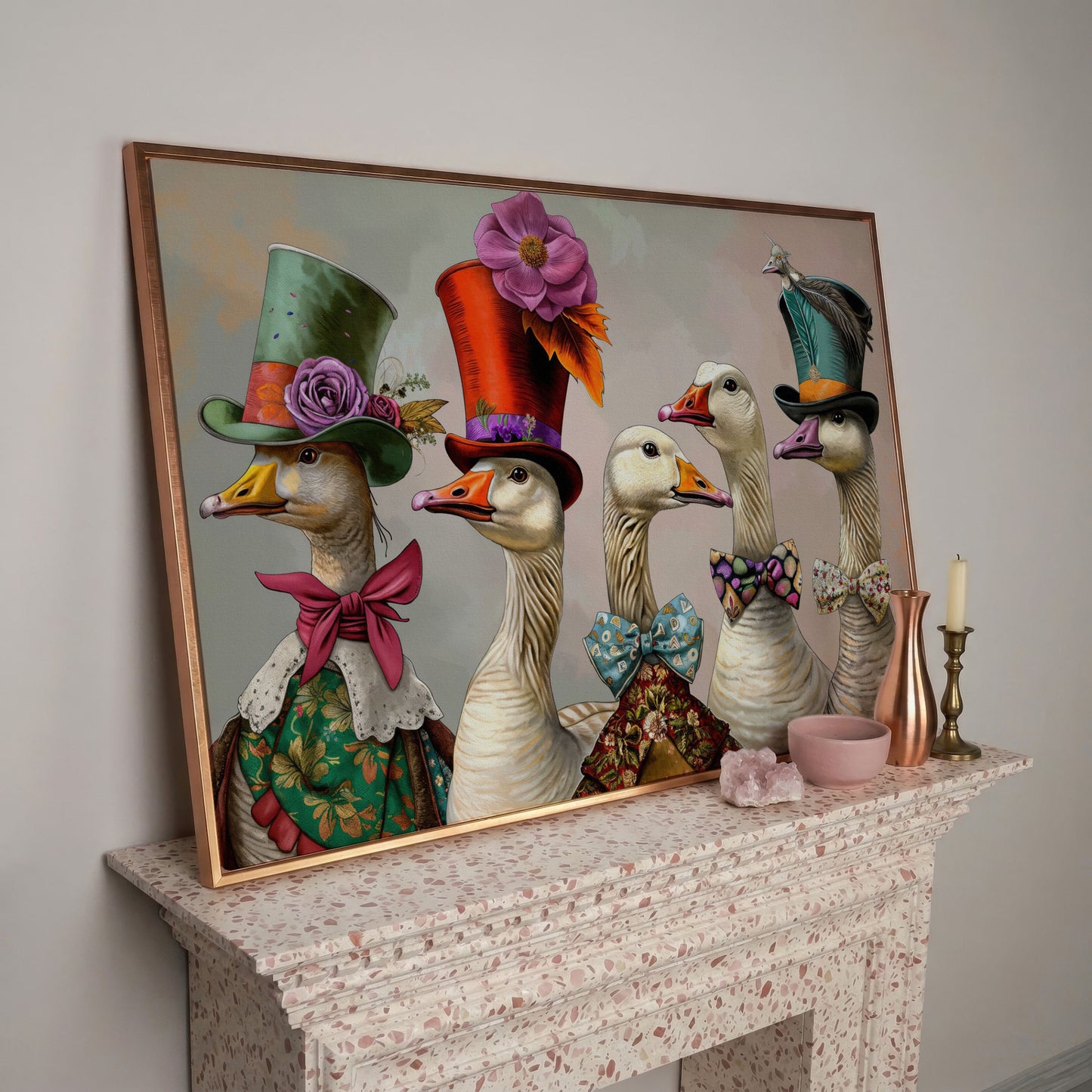 Victorian Geese Canvas Wall Art with Bowties and Hats in rose gold floating frame