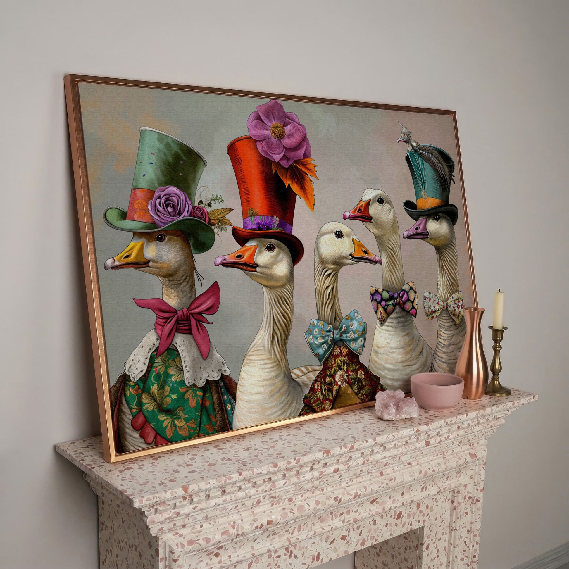 Victorian Geese Canvas Wall Art with Bowties and Hats in rose gold floating frame