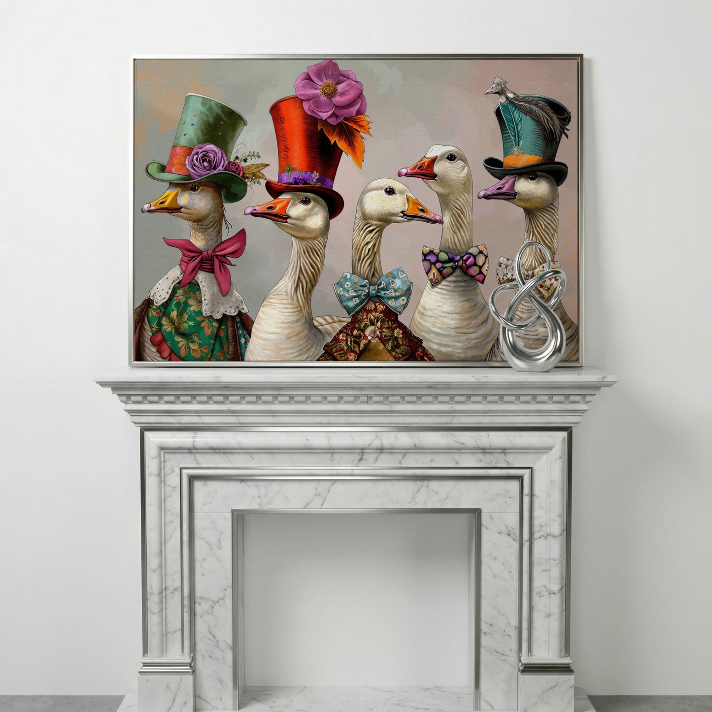 Victorian Geese Canvas Wall Art with Bowties and Hats in silver floating frame