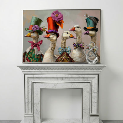 Victorian Geese Canvas Wall Art with Bowties and Hats in silver floating frame