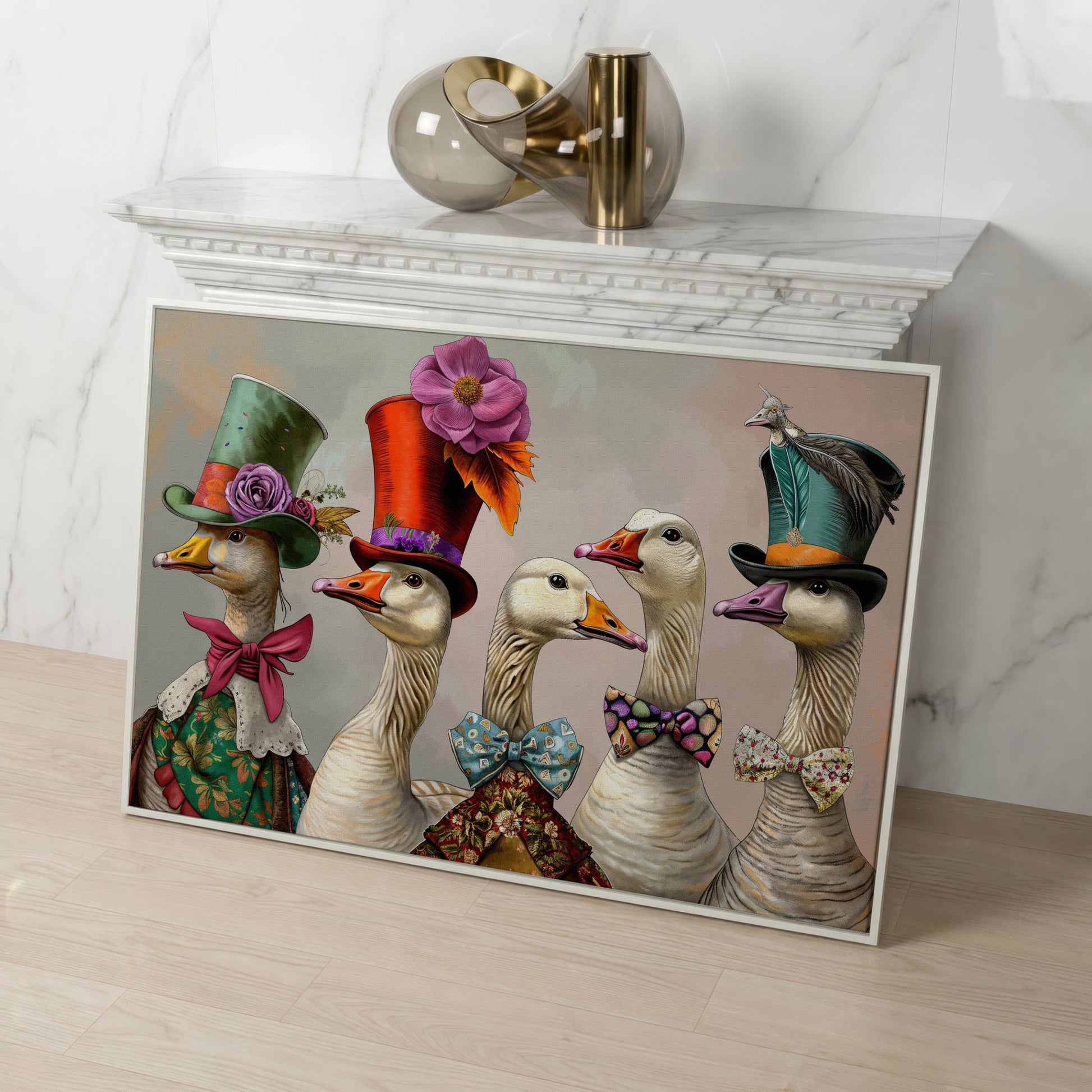 Victorian Geese Canvas Wall Art with Bowties and Hats in white floating frame