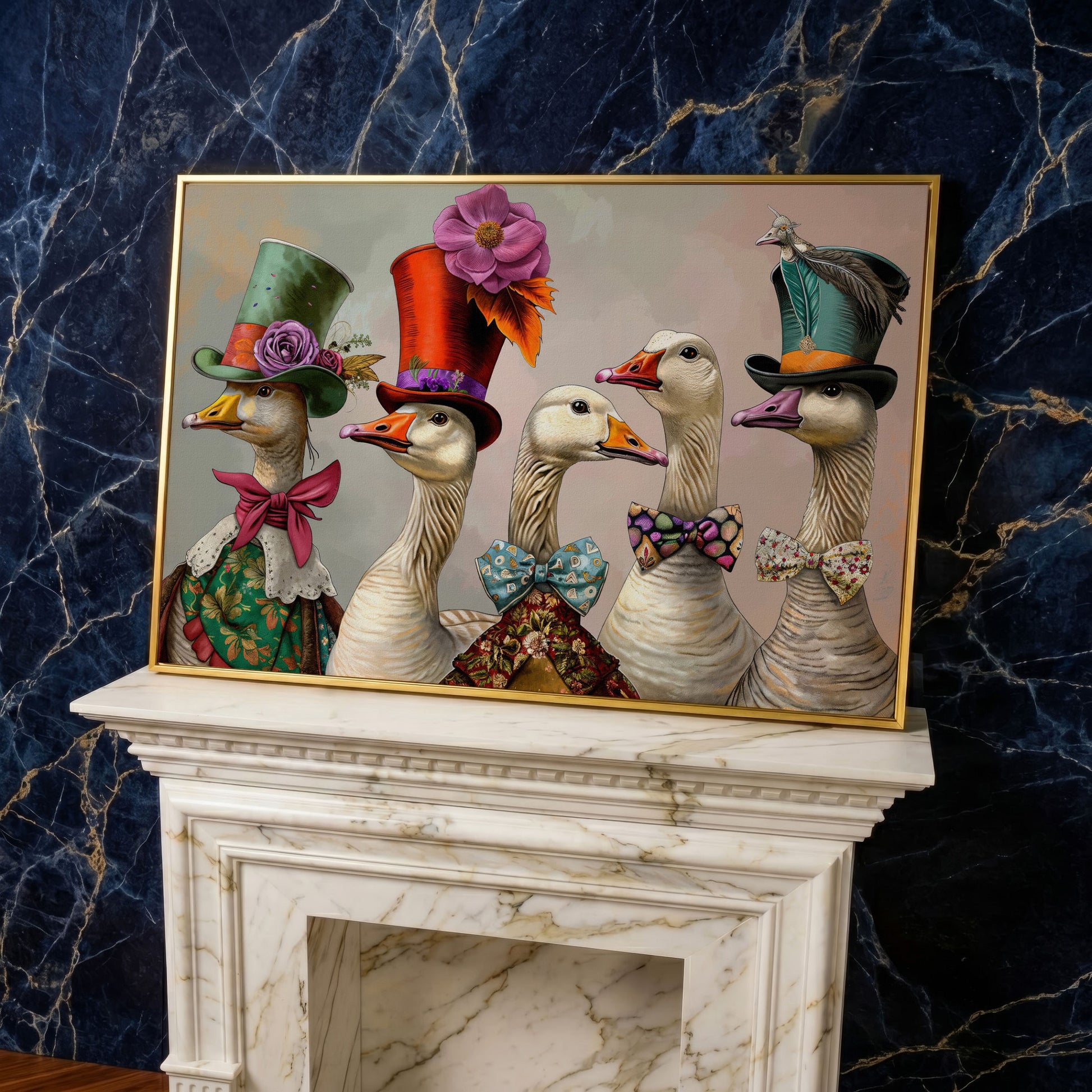 Victorian Geese Canvas Wall Art with Bowties and Hats in yellow gold floating frame