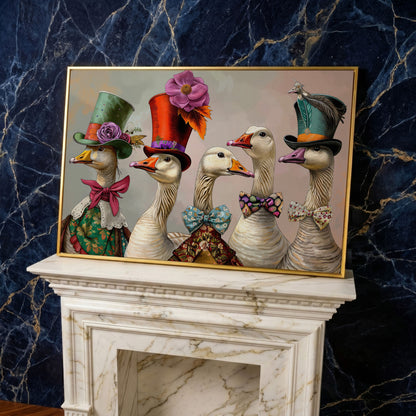 Victorian Geese Canvas Wall Art with Bowties and Hats in yellow gold floating frame
