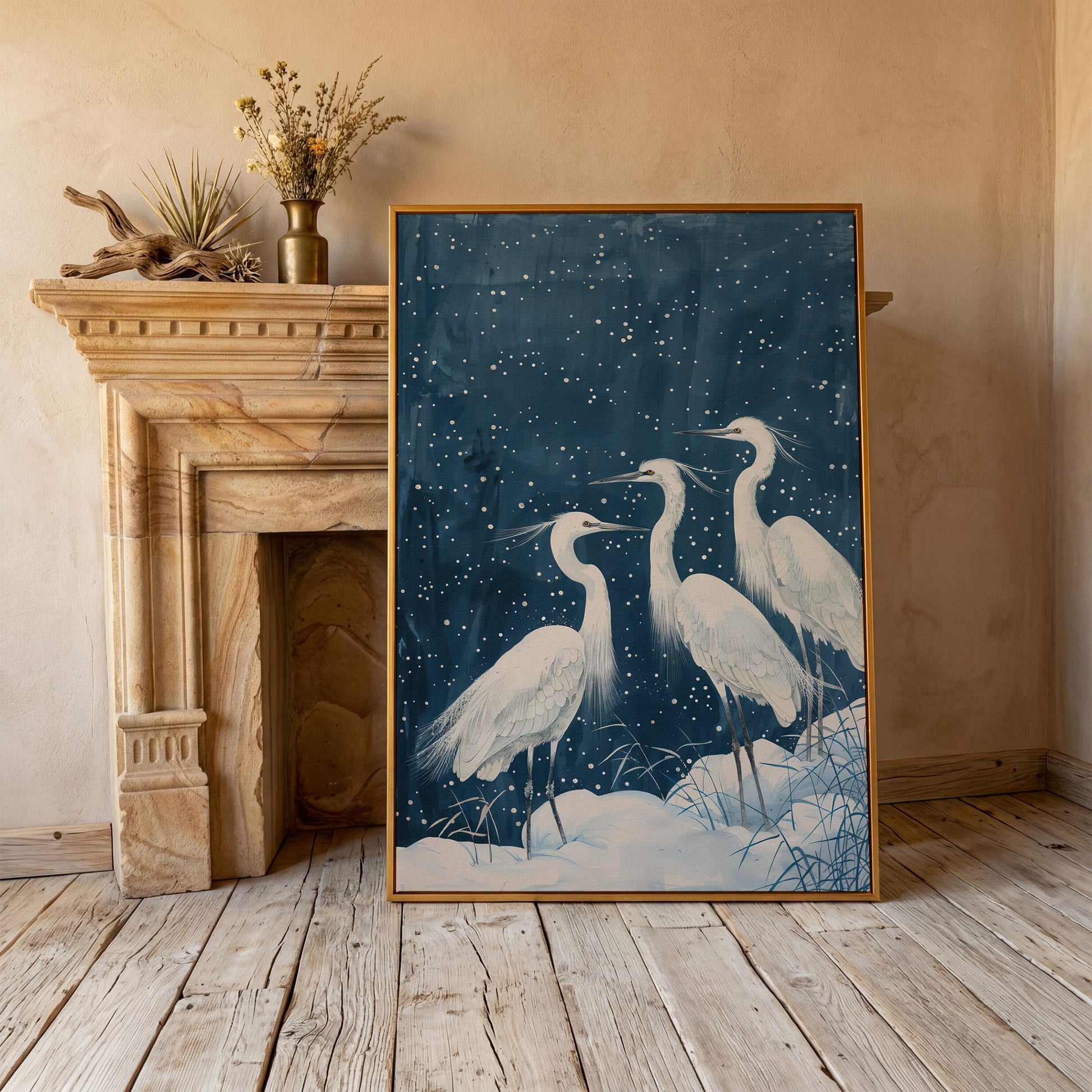Three White Egrets in a Winter Night Sky Canvas Print in antique gold floating frame