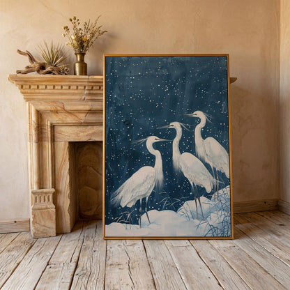 Three White Egrets in a Winter Night Sky Canvas Print in antique gold floating frame