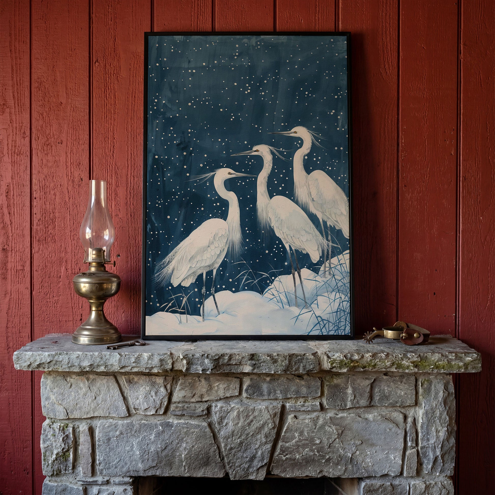 Three White Egrets in a Winter Night Sky Canvas Print in black floating frame