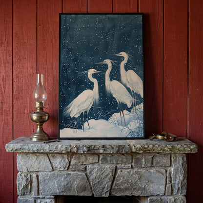 Three White Egrets in a Winter Night Sky Canvas Print in black floating frame