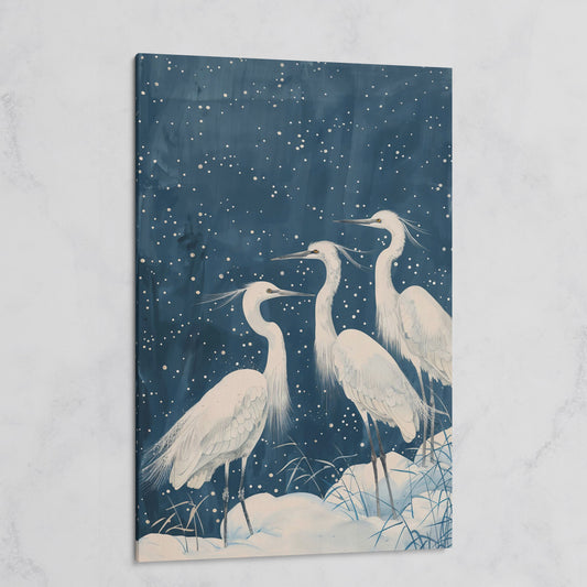 Three White Egrets in a Winter Night Sky Canvas Print on gallery wrap