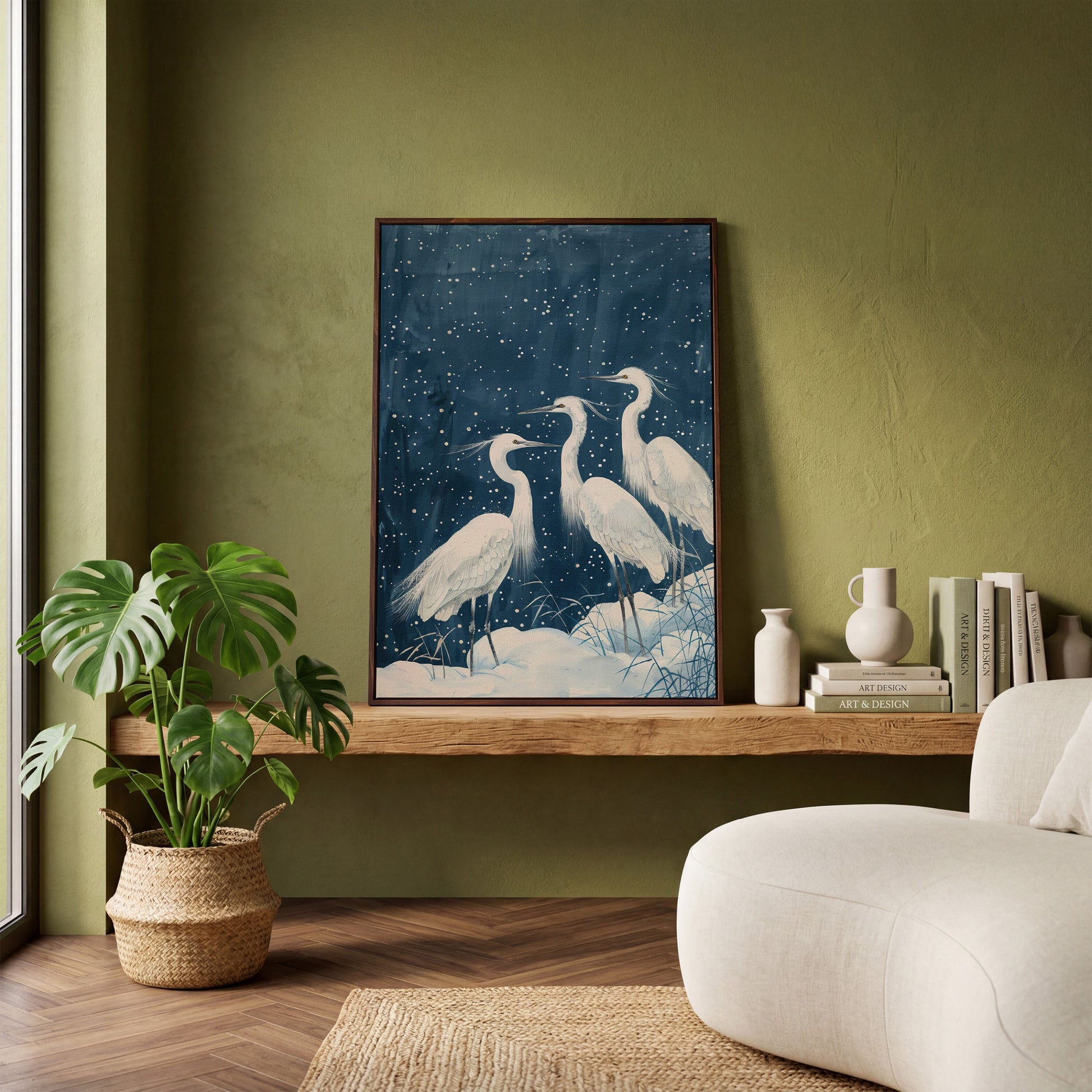 Three White Egrets in a Winter Night Sky Canvas Print in dark walnut floating frame