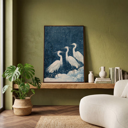 Three White Egrets in a Winter Night Sky Canvas Print in dark walnut floating frame