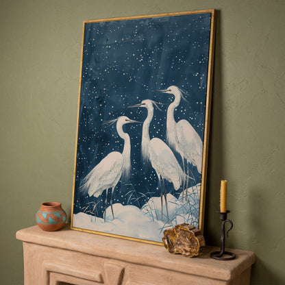 Three White Egrets in a Winter Night Sky Canvas Print in white oak floating frame