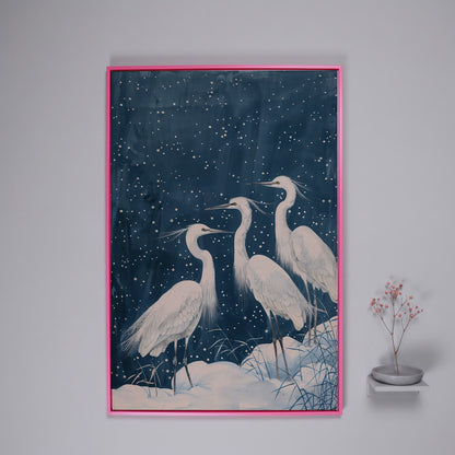 Three White Egrets in a Winter Night Sky Canvas Print in pink floating frame